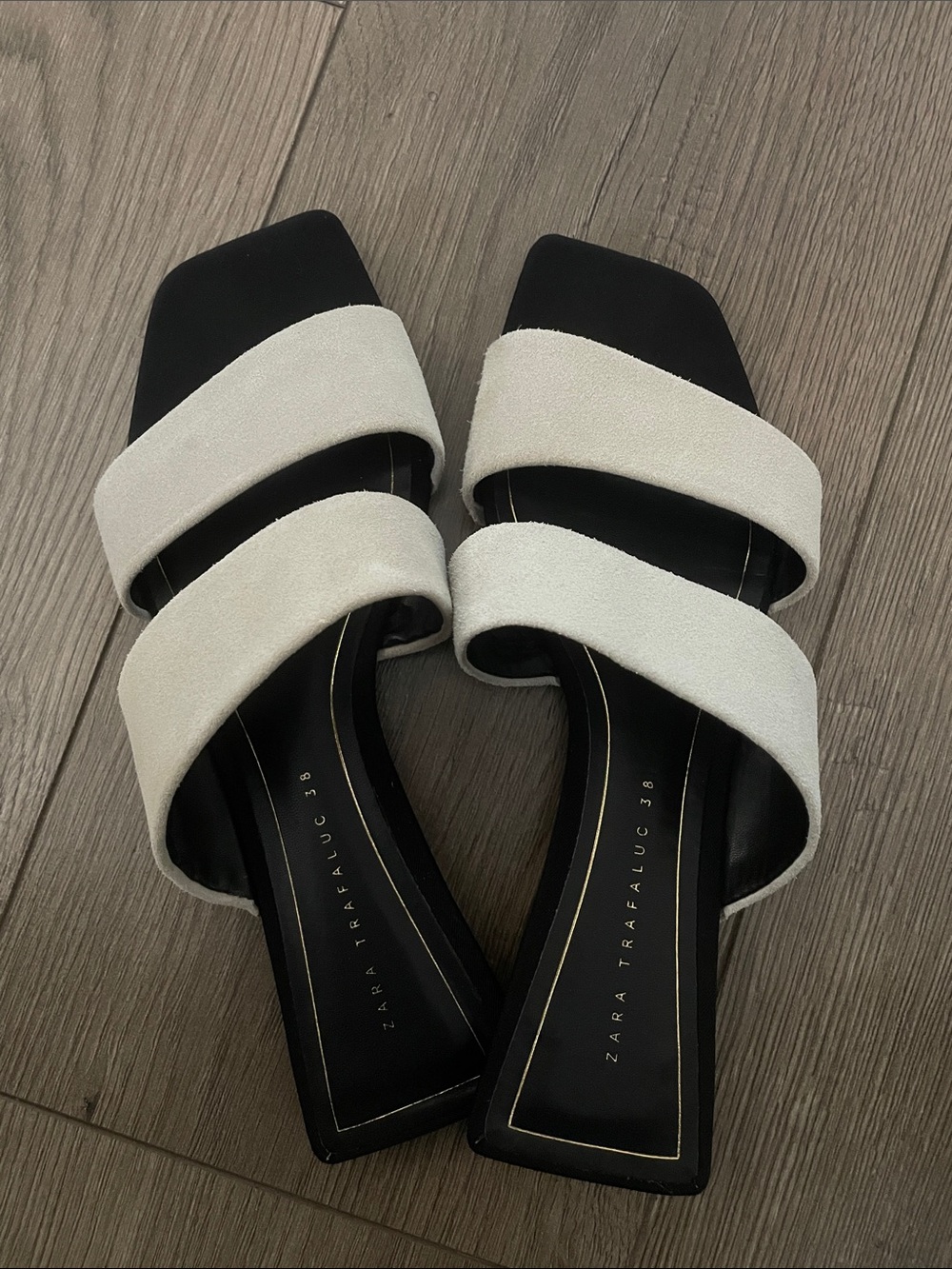 Zara Trafaluc Suede Square Toe Flat Sandals Sz:38 7.5 Gray